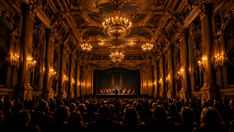 Sala teatrale dorata vista dal fondo della platea