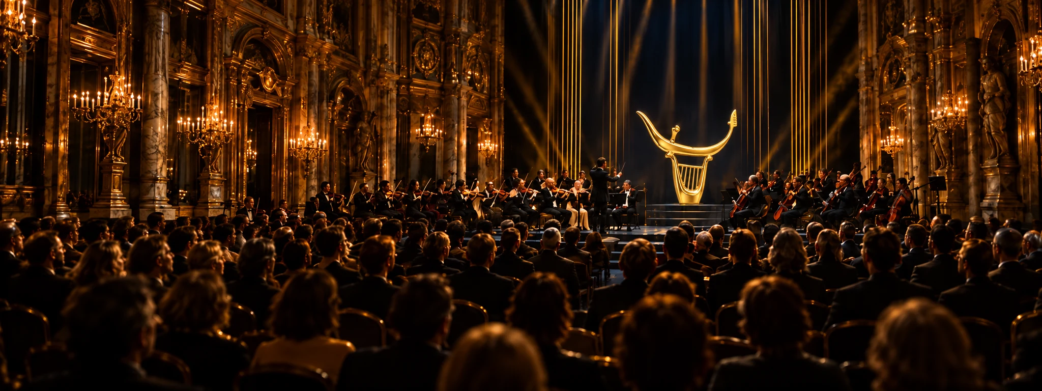 Ricostruzione scenografica di una sala veneziana con orchestra e simbolo Gondola d’Oro