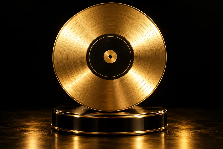 Disco d’oro su un piedistallo nero